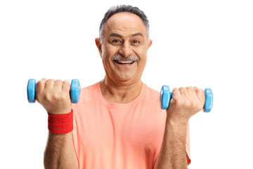 Fototapeta na wymiar Cheerful mature man exercising with small blue dumbbells