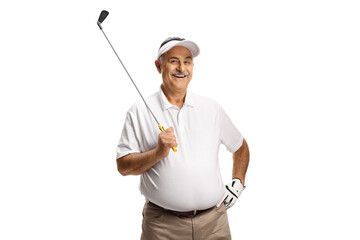Mature man smiling and holding a golf club