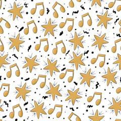 Seamless pattern with yellow stars, music notes and abstract lines on white background