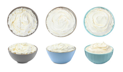Tasty fresh cream cheese on white background