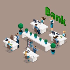 Isometric. 3D illustration of the work of banks, the issuance of a loan secured, bank employees serve customers