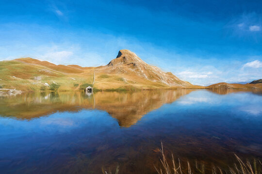 Digital painting of Pared y Cefn-hir mountain during autumn in the Snowdonia National Park, Dolgellau, Wales.