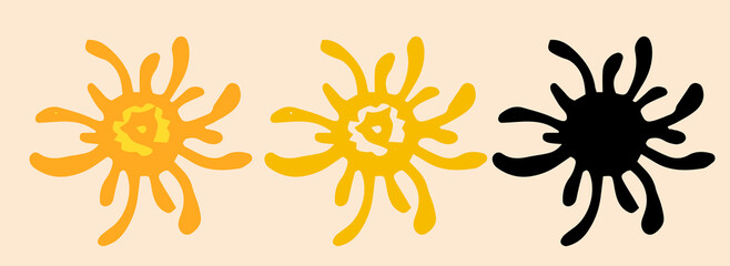 The icon is a set of yellow bacteria with tentacles the microbe has a round shape, hand-drawn in the style of doodles with an orange outline and curved tentacles. bacteria with texture and tentacles f