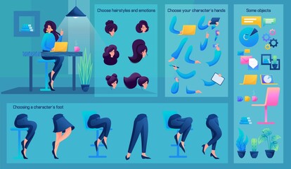 Stylized Business Character, Manager. Set for Animation. Use Separate Body Parts to Create An Animated Character. Set of Emotions, Hairstyles, Hands and Feet