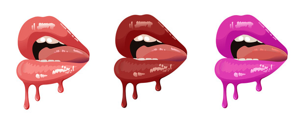Red sexy hot dripping lips set. Lipstick drips. Sexy human mouth set isolated on white