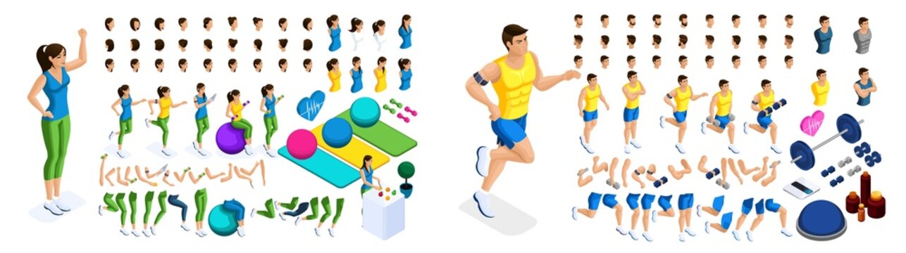 Isometric create your athlete girls and guys, a large set of emotions, gestures of hands, foot movements, a healthy lifestyle. Create your characters. Set 4