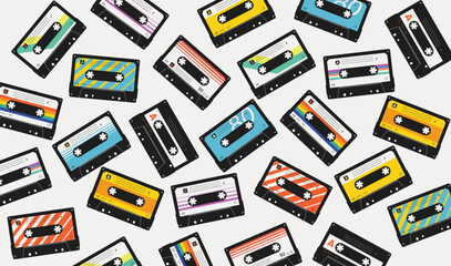 Retro Vintage tape Cassettes. Pattern Set of twelve cassettes. Colorful audio tapes background. Every illustration isolated