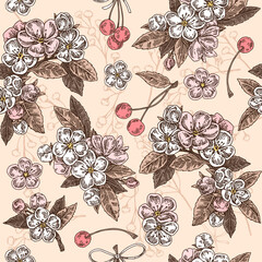 Beige seamless pattern in vintage style. Flowers and berries cherry. Vector illustration