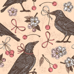 Beige seamless pattern in vintage style. Crows, flowers and berries cherry. Vector illustration