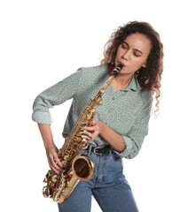 Fototapeta premium Beautiful African American woman playing saxophone on white background