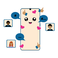 Smartphone mit Kawaii gesicht, Sprechblasen, chat Partnern, herzen und Ok-Daumen. Vektor