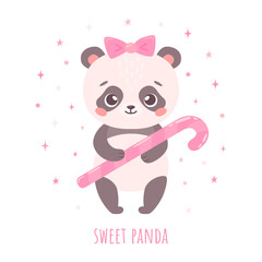 Cute panda with a bow holding candy cane in hand-drawn cartoon style. Funny character for greeting cards for Valentine's Day, children T-shirt, poster, invite, gift tag. Vector illustration isolated
