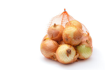 Bag of raw onions on white with copy space