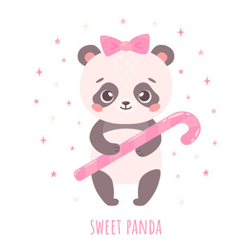 Cute panda with a bow holding candy cane in hand-drawn cartoon style. Funny character for greeting cards for Valentine's Day, children T-shirt, poster, invite, gift tag. Vector illustration isolated