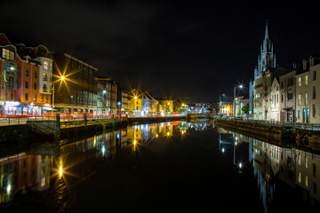 Fototapeta na wymiar View of Cork City Center and River Lee at night, Ireland