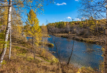 Fototapeta premium Autumn landscape with river, trees, grass and blue sky