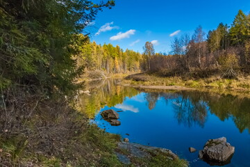 Fototapeta na wymiar Autumn landscape with river, trees, grass and blue sky
