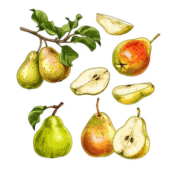 Hand drawn fresh pears. Set sketches with whole pears, cut in half and pear branch. Vector illustration isolated on white background.