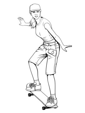 Girl Skating on Skateboard. Vector Ink Style Outline Drawing. Coloring Page.