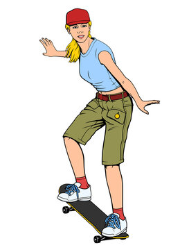 Girl Skating on Skateboard. Pin Up, Pop Art style. Vector drawing.