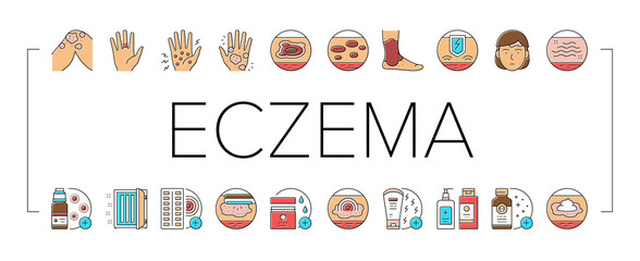 Eczema Disease Treat Collection Icons Set Vector .