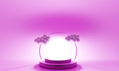 3D Render of abstraction in pink tones with a podium on a pink background. cloud 3d minimal background 3d rendering
