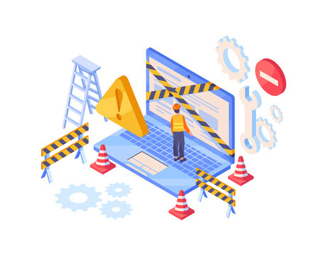 Concept of website maintenance. People in working uniform on laptop. Computer taped with tape. Modern technologies and digital world. Engineering works. Cartoon volumetric vector illustration