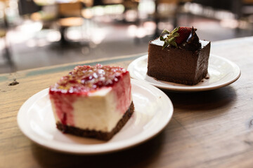 chocolate cake with strawberries and cheescake