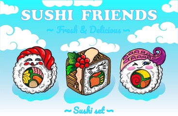 Cute cartoon kawaii sushi.Against the background of clouds. Funny sushi poster, vector illustration. Asian restaurant menu cover, sushi.