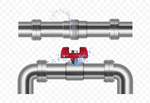 Plumbing, piping, realistic pipes.Leakage of water pipes. Broken steel pipeline with leak, leaky valve, drip fittings, burst pipe, leak, leaking pipes. vector