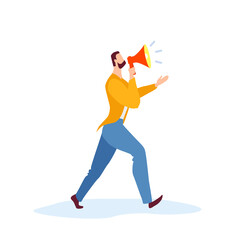 Business man shouting through loud speaker.business promotion, advertising, call through the horn. Man with megaphone. Flat style vector illustration cartoon.