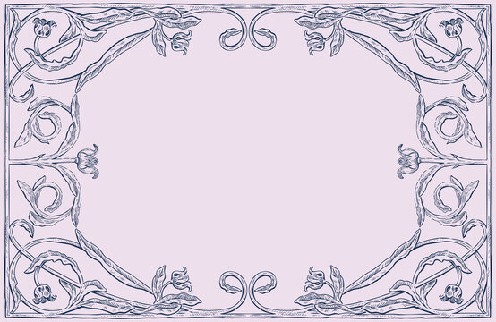 Ornate vector greeting card with drawn floral border from vintage tulips in art nouveau style