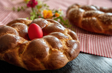 Easter greek tsoureki braid, sweet bread brioche close up