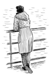 Sketch of young woman standing on river embankment and looking on water
