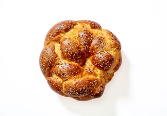 Easter greek tsoureki braid, sweet bread brioche overhead isolated on white
