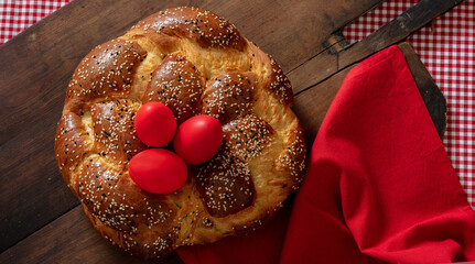 Easter greek tsoureki braid, sweet bread brioche overhead