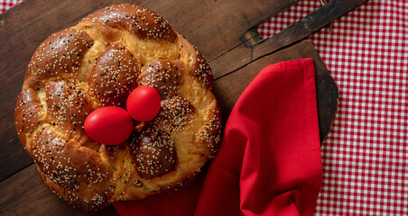 Easter greek tsoureki braid, sweet bread brioche overhead