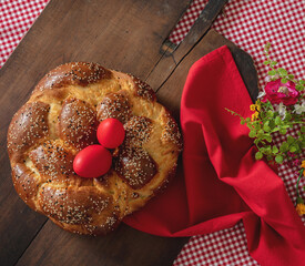 Easter greek tsoureki braid, sweet bread brioche overhead