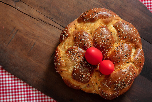 Easter Greek Tsoureki Braid, Sweet Bread Brioche Overhead