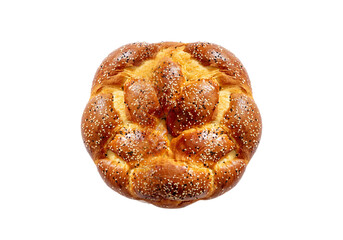 Easter Greek tsoureki braid, sweet bread brioche overhead isolated on white, design element