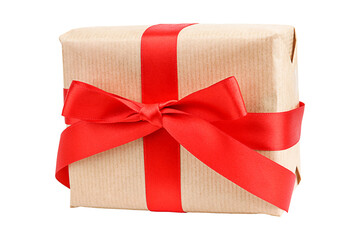 Wrapped vintage gift box with red ribbon bow, isolated on white background.