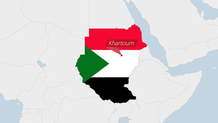 Fototapeta premium Sudan map highlighted in Sudan flag colors and pin of country capital Khartoum.