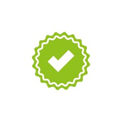 Valid Seal icon. Green circle with ribbon outline and white tick. Flat OK sticker icon. Isolated on white. Accept button. Good for web and software interfaces.