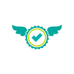 Valid Seal icon. Blue circle with wings and blue tick. Flat OK sticker icon. Isolated on white. Accept button. Best product label, quality check mark.