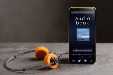 Streaming service. Listen audiobook online concept, online music player app on smartphone - 487870959