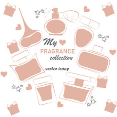 elegant collection of fragrances. Vector icons in pink style, stars, hearts, gift wrapping
