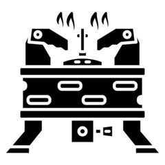 Gas portable stove for tourists. Massive stand, folding elements for dishes. Outdoor cooking appliance, camping, gas equipment. Gas stove design.  Vector icon, glyph, isolated