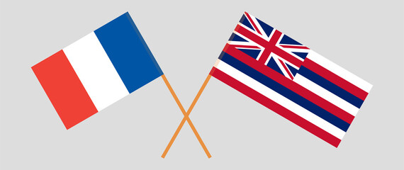 Crossed flags of France and The State Of Hawaii. Official colors. Correct proportion