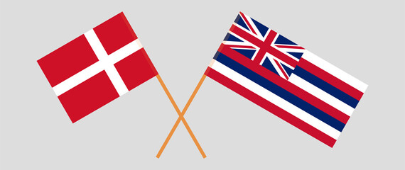 Crossed flags of Denmark and The State Of Hawaii. Official colors. Correct proportion