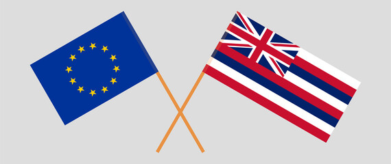 Crossed flags of the European Union and The State Of Hawaii. Official colors. Correct proportion